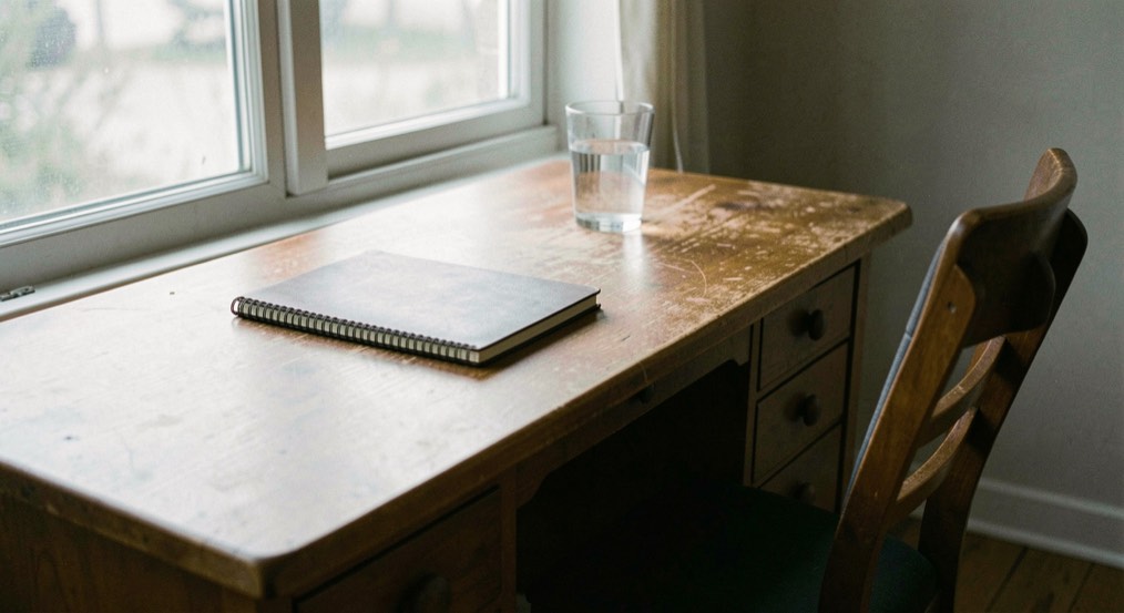 An empty writing desk beside a window with a closed notebook, a plain glass of water and a chair pushed slightly back