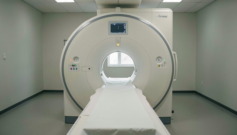 The open bore of a magnetic resonance scanner seen head on in an empty room, the padded table withdrawn and the lighting flat