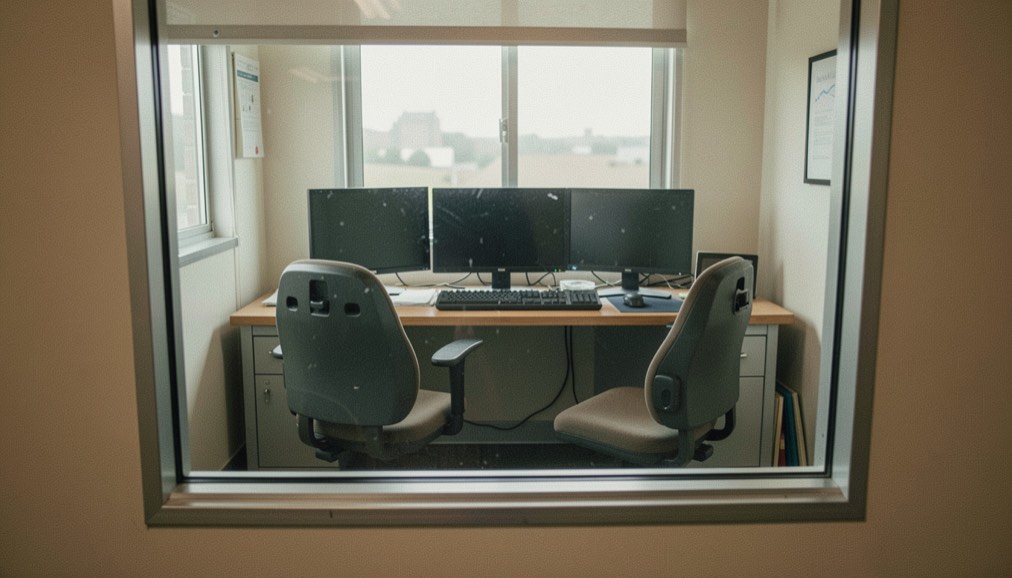 A scanner control room seen through the observation window, two empty operator chairs and a bank of dark monitors on the desk