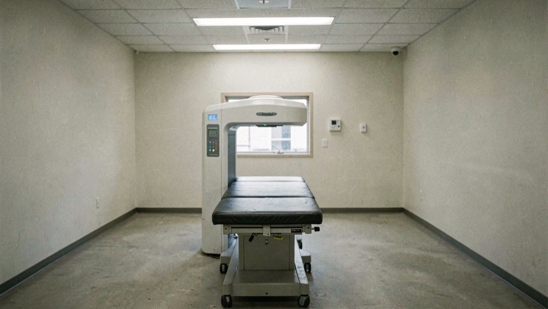 A wide empty imaging room lit from above, a scanner bore facing a padded table and a control window in the far wall
